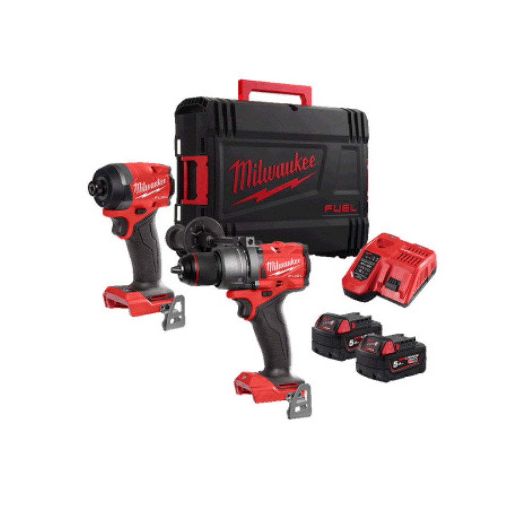 Milwaukee M18 FUEL 18V Cordless Twin Pack – Combi Hammer Drill & Impact Driver with 2×5.0Ah Batteries, Charger & Carry Case