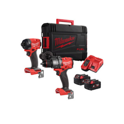 Milwaukee M18 FUEL 18V Cordless Twin Pack – Combi Hammer Drill & Impact Driver with 2×5.0Ah Batteries, Charger & Carry Case